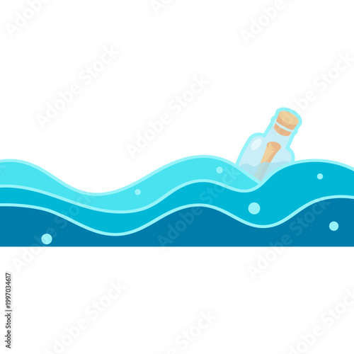 Message in a bottle floating on blue ocean waves illustration