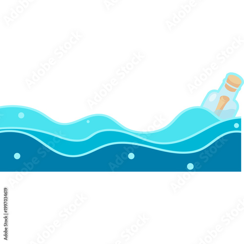 Message in a bottle floating on blue ocean waves illustration