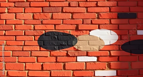 Colorful brick wall with painted clouds and shadows, urban street art, creative graffiti, vibrant wall decor, contemporary mural, playful cloud design, urban culture, artistic street scene.