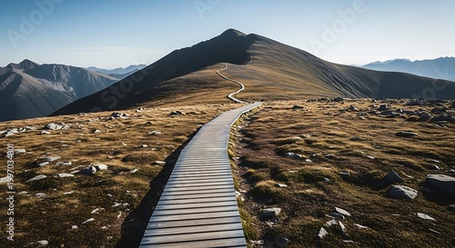 A serene pinnacle tripper enjoys the expansive view from a wooden mountain trail walkway that leads towards the majestic summit under a clear blue sky