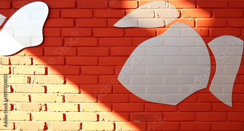 Creative brick wall with contrasting shadows and large white abstract shapes, modern urban art, minimalistic design, playful shadows, vibrant wall decor, contemporary street art,  wall pattern.