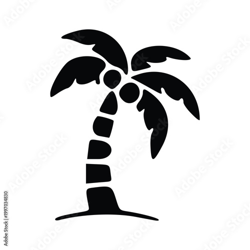 A simple black silhouette of a palm tree with coconuts and fronds, standing on a small mound of earth.