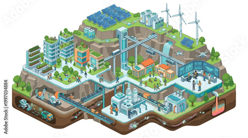 Sustainable City Infrastructure Isometric Illustration Featuring Renewable Energy Sources and Underground Mining Operations