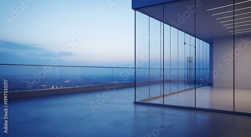 A serene pinnacle tripper viewing city skyline from an empty glass-walled skyscraper terrace during the tranquil dusk hour at a luxury penthouse office
