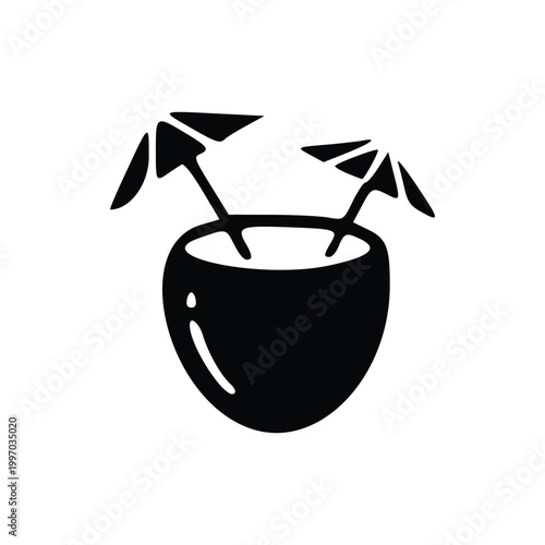 A simple black and white illustration of a coconut drink with two small umbrellas.