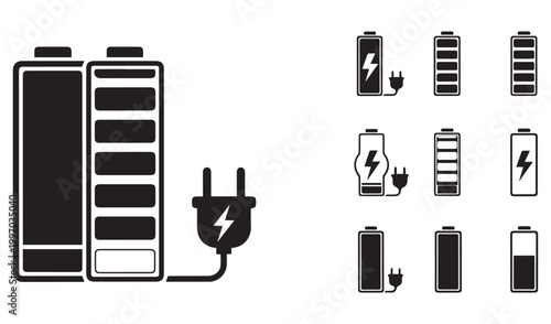 Battery charging indicator and power plug vector icon set