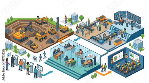 Isometric illustration of a diverse workforce collaborating across mining, manufacturing, office, and training environments, showcasing industry workflow and technological integration