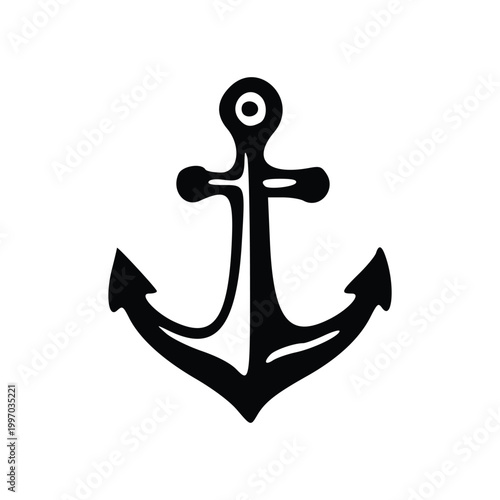 A simple, stylized black and white illustration of a nautical anchor with two flukes.