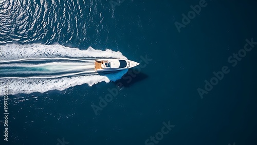 Aerial view of a hydrofoil vessel speeding on a vast blue ocean.