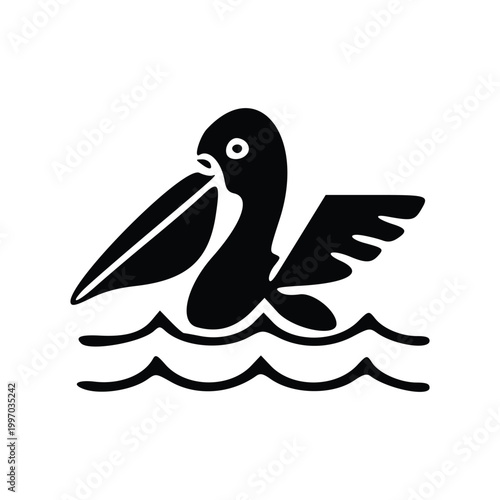 A stylized black silhouette of a pelican swimming in wavy water.