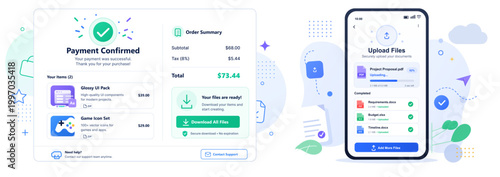 Flat vector illustration of online payment confirmation and mobile file upload interfaces with order summary, download button, and cloud elements