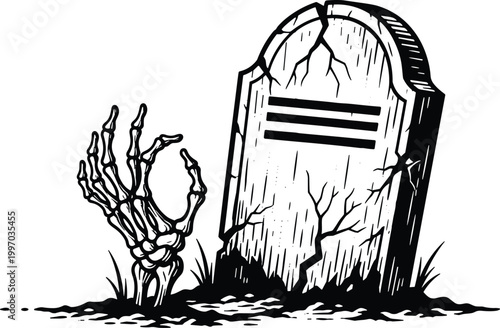 "Black and white Halloween illustration featuring cracked gravestone with skeletal hand rising from ground, spooky horror, eerie undead design"
