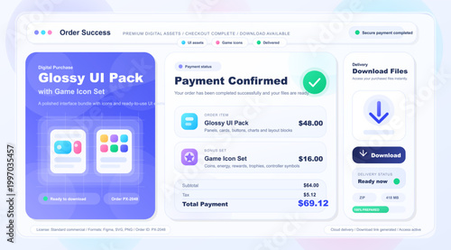 Flat vector dashboard showing payment confirmed, digital asset order details, total payment, and download files panel in blue purple UI style