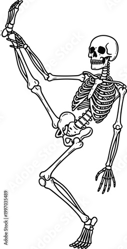 "Detailed black and white skeleton illustration showing dynamic human anatomy with raised leg, extended arm, flexible posture, and bone structure design"