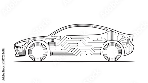 Futuristic Electric Car With Circuit Board Design On White Background For Technology Concepts
