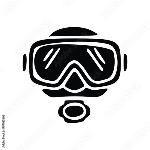 A black and white illustration of a vintage diving mask with a breathing apparatus attached.