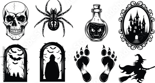 "Black and white Halloween silhouettes featuring skull, spider, potion bottle, haunted castle, spooky windows, witch on broomstick, and eerie design"