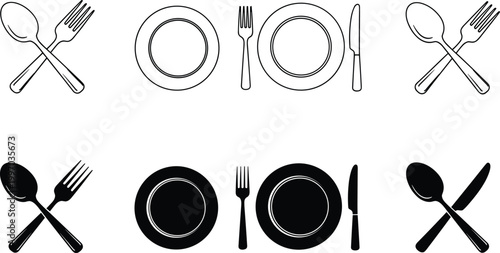 "Black and white dining table setting icons with plates, forks, knives, spoons, crossed utensils, outlined and solid silhouette food design"