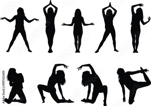 "Black silhouettes of people in expressive dance and yoga poses with raised arms, flexible stances, balance movements, and artistic motion design"