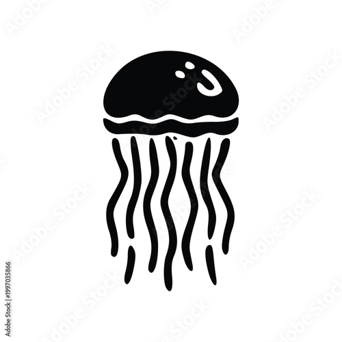 A simple black and white illustration of a jellyfish with flowing tentacles.