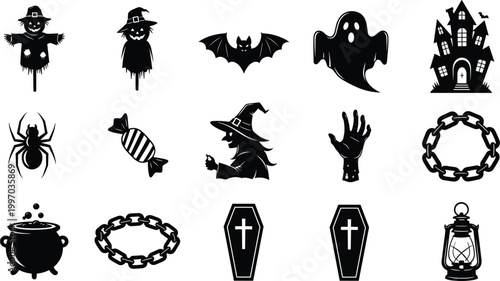 "Black Halloween icon silhouettes featuring witch, ghost, haunted house, scarecrow, zombie hand, coffins, cauldron, bats, and spooky festive design"