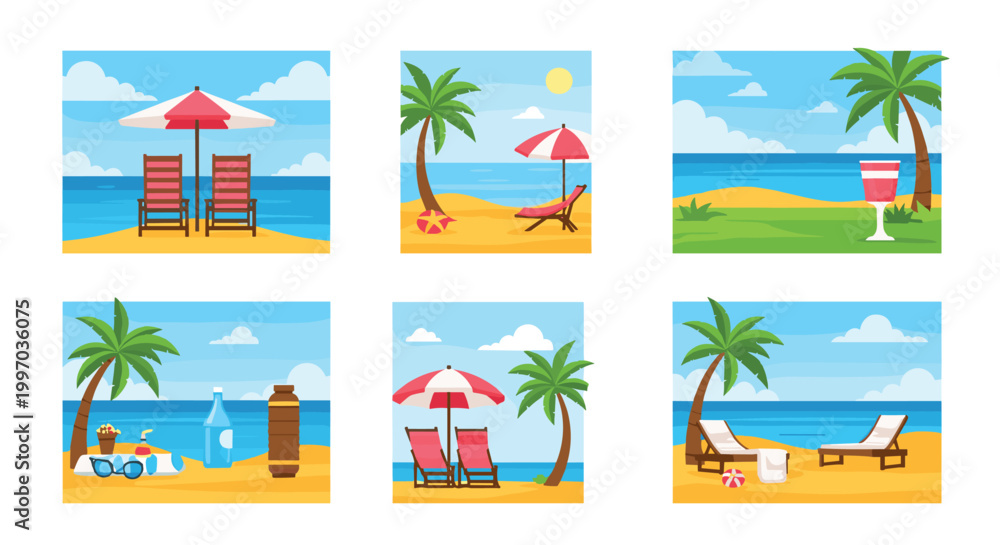 Obraz premium Tropical beach scenes with lounge chairs, umbrellas, and palm trees
