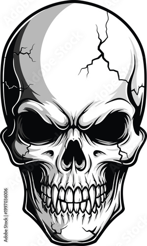 "Detailed human skull illustration with cracked cranium, deep shadows, anatomical accuracy, gothic symbolism, and dramatic high‑contrast black design"