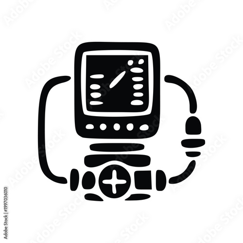 Stylized black and white illustration of a retro-futuristic medical device with a screen and dials.