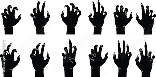 "Stylized claw hand silhouettes with long nails in expressive poses, dramatic gothic design, eerie shadow artwork, and spooky dark theme"