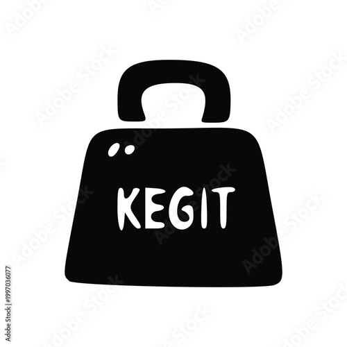 A black weight with the word KEGIT written on it in white, isolated on a white background.