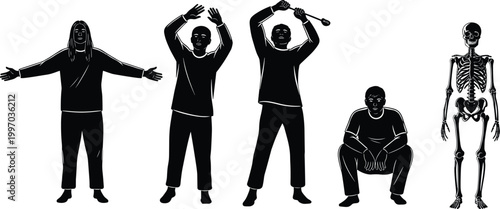 silhouette, skeleton, figures, human, life, death, movement, contrast, design, art, shadow, pose, stage, unity, transformation, silhouette art, skeleton figure, human forms, life stages, death symbol,