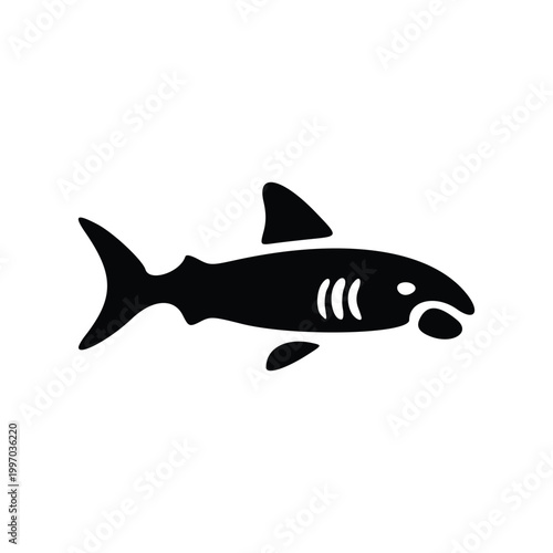 A simple black silhouette of a shark with its mouth open, showing teeth.
