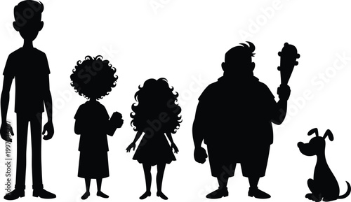 "Silhouette group illustration featuring diverse human figures and dog, symbolizing unity, diversity, companionship, and storytelling in black design"