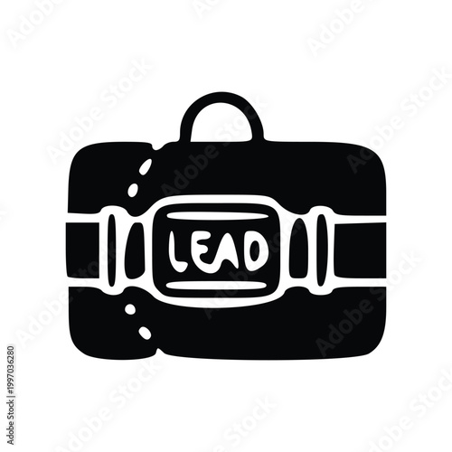 A black and white illustration of a briefcase with the word 