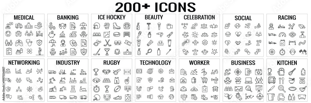 © Shawon - Mega bundle of 200 plus outline icons containing business medical technology and universal elements vector set