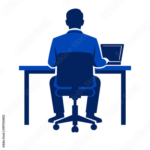Minimalist duotone vector illustration of a faceless professional sitting at a modern desk, back view, working on a laptop