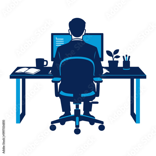 Sophisticated duotone vector illustration of a faceless businessman working at a modern office desk