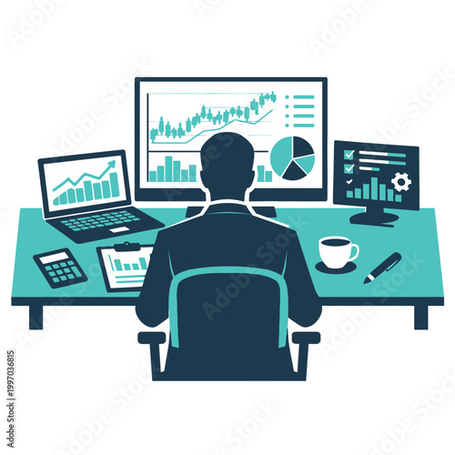 Flat vector design of a faceless executive sitting at a desk analyzing complex financial data