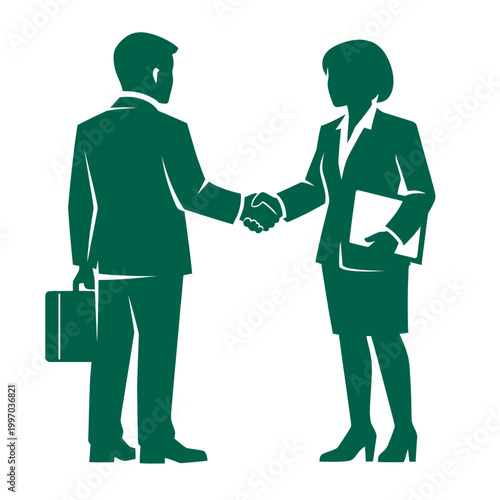 Striking duotone vector illustration of two unrecognizable corporate professionals shaking hands