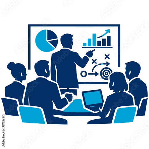 Minimalist graphic of faceless business silhouettes in a 2D vector illustration