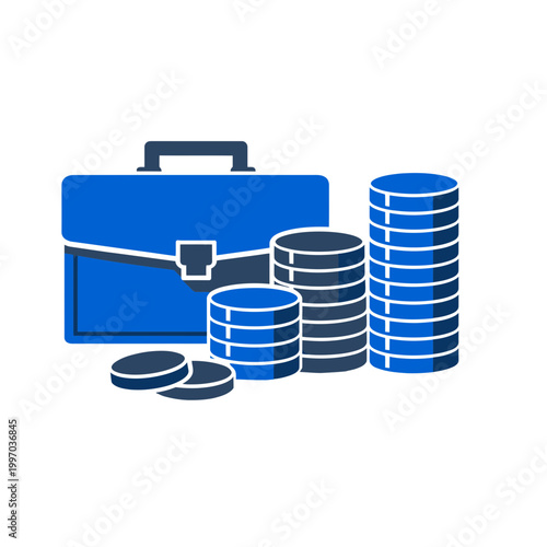 Professional flat vector design 2D illustration of a business briefcase and stacks of coins