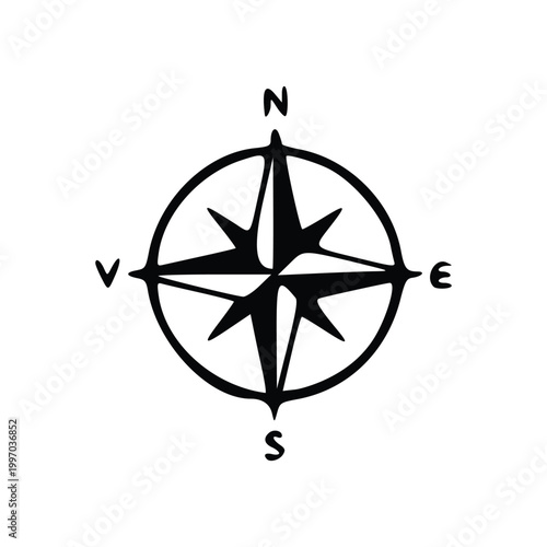 A black and white illustration of a compass rose with cardinal directions marked N, S, E, and W.