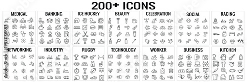 Mega bundle of 200 plus outline icons containing business medical technology and universal elements vector set