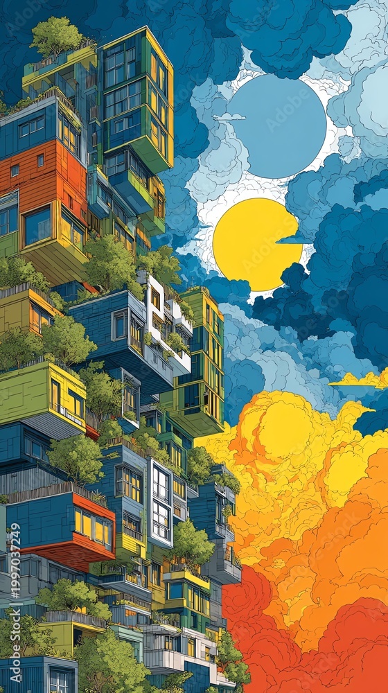 Fototapeta premium A vibrant and artistic depiction of modern architecture with colorful buildings against a dramatic sky.