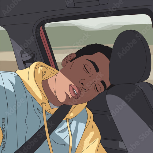 Young Black man sleeping in car passenger seat, wearing a hoodie, sunlit face, safety belt fastened