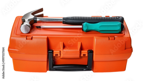 Fotografie Orange Tool Case with Hammer and Flathead Screwdriver