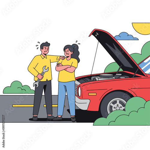 Frustrated couple with broken down car on the roadside, man holding a wrench, seeking help