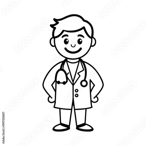 Cartoon line illustration of medical doctor with stethoscope on white.