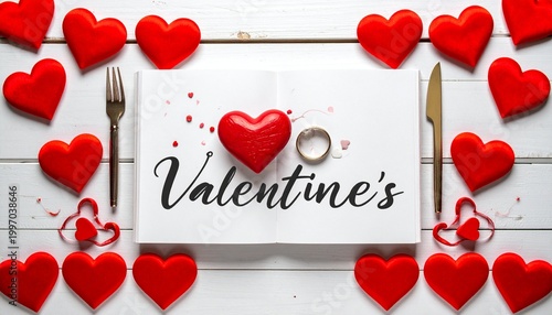 Romantic Valentines Day Dinner Proposal with Hearts and Ring.