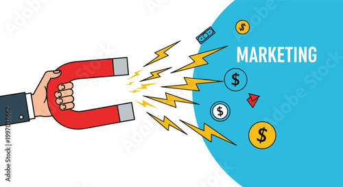 Businessman hand using a large magnet to attract money and marketing icons illustrating customer acquisition strategies.